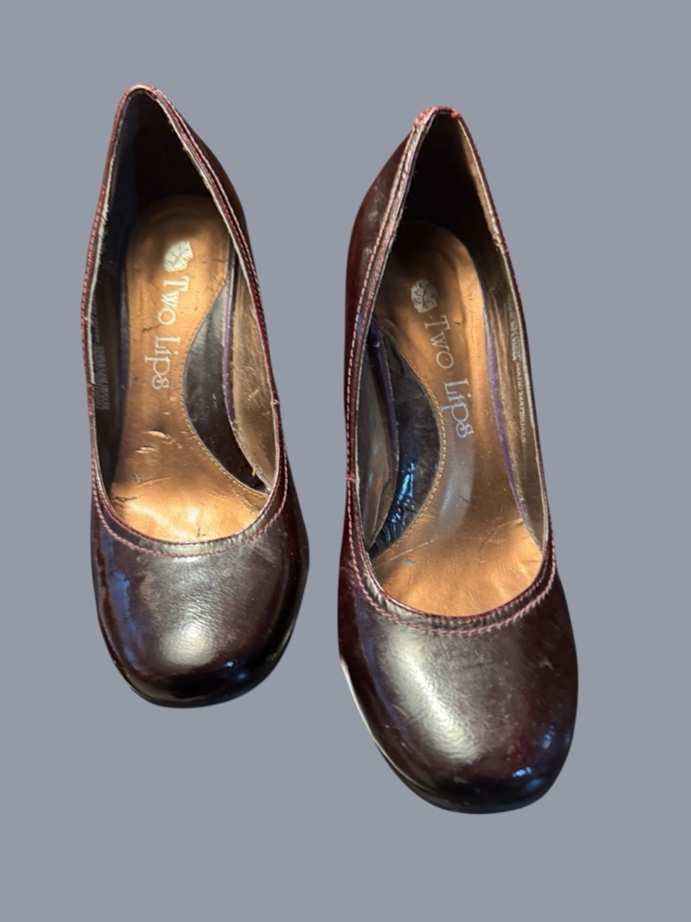 Two Lips Deep Burgundy Round-Toe Leather Pumps